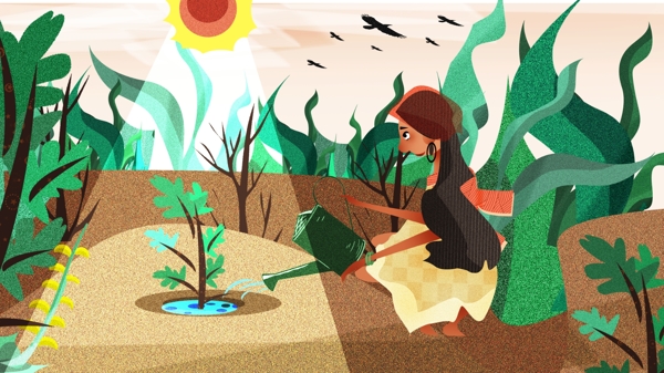女孩为植物浇水生态插画