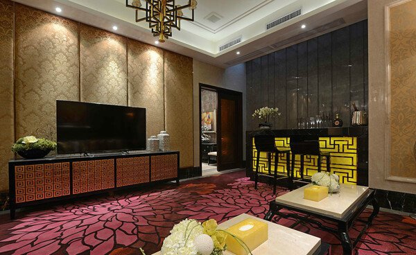 中式客厅红色条纹地毯装修效果图