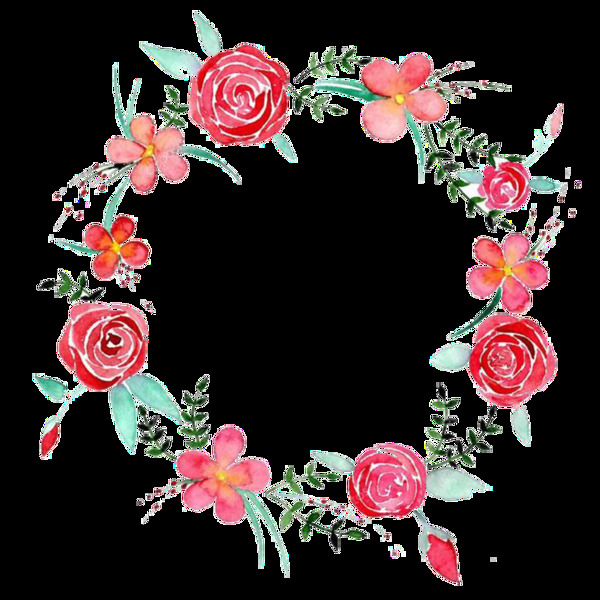 清新深粉色玫瑰花手绘花环装饰元素