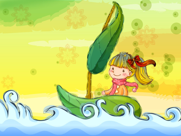 童年卡通手绘叶子船上的小女孩
