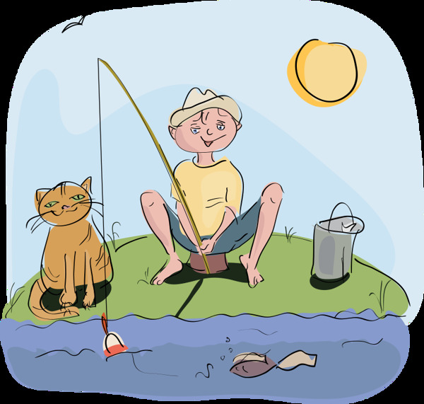 男孩和小猫钓鱼