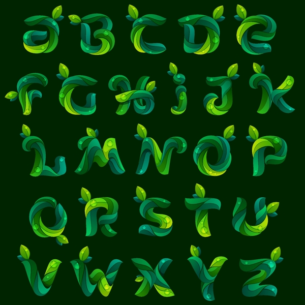 26个绿色树叶字母矢量素材图片