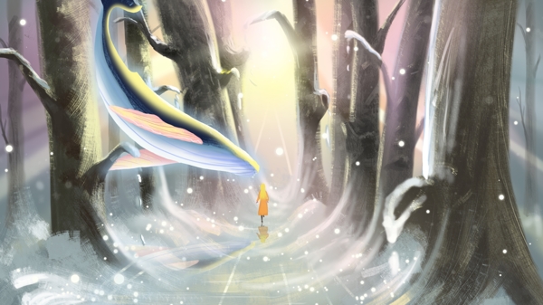 手绘写实风景女孩与鲲森林迷路雪季