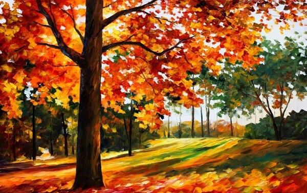 秋色枫林风景油画图片