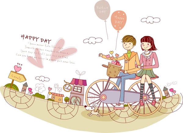 彩绘骑单车的情侣插画矢量素材图片