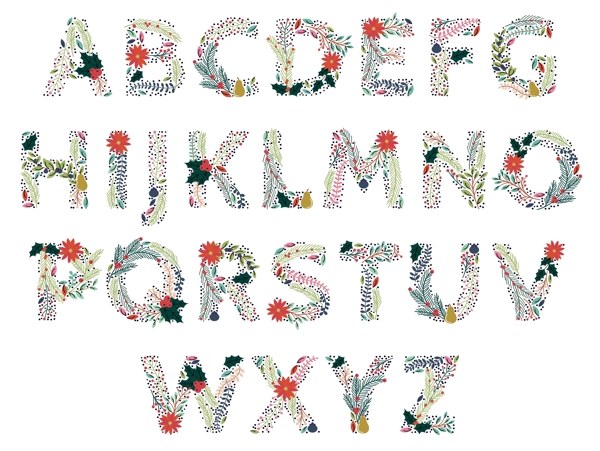 小清新花朵树叶拼贴组合英文字母矢量