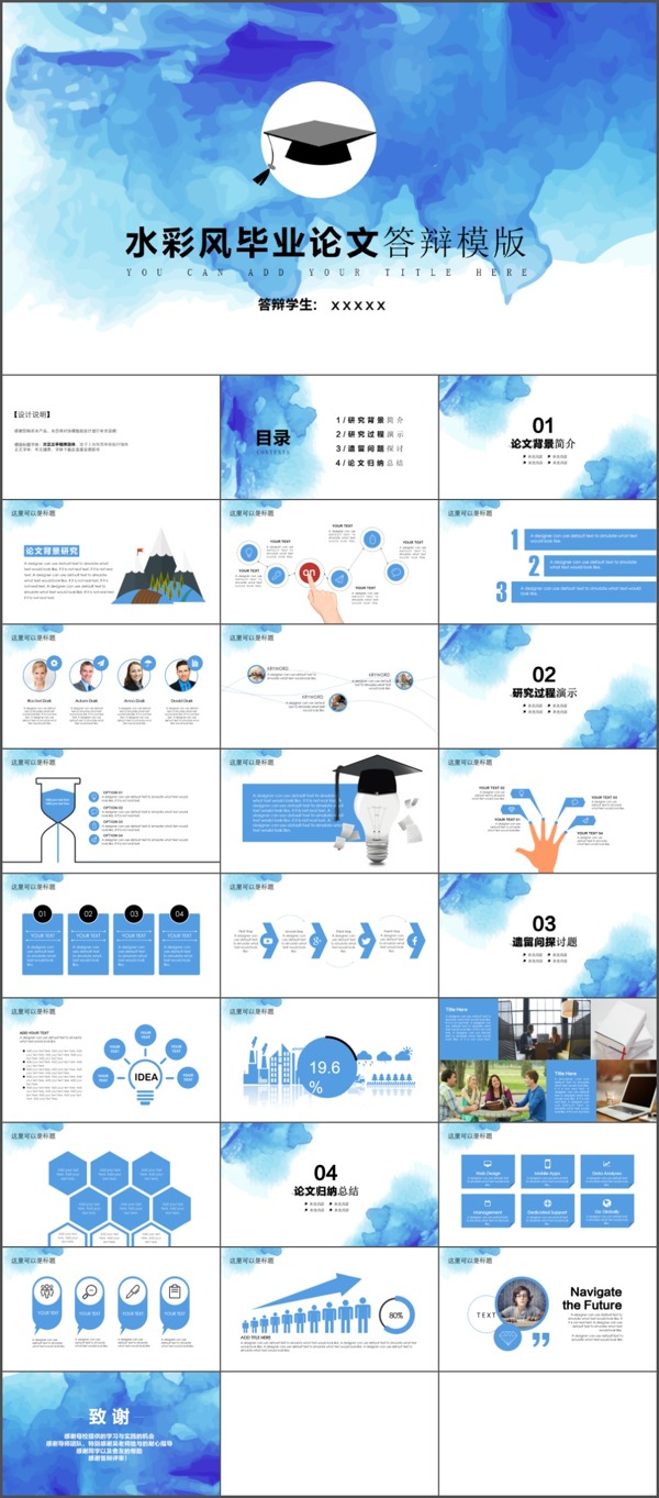 水彩风学术答辩ppt模板