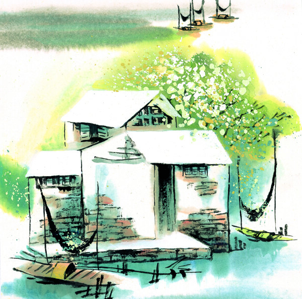 白色小房子水墨画加小船