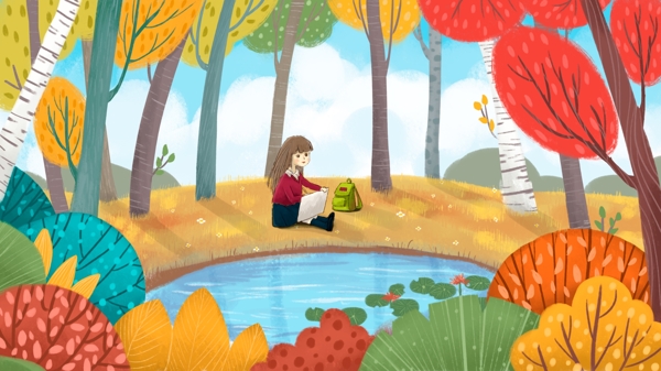 二十四节气立秋森林湖边画画的女孩插画