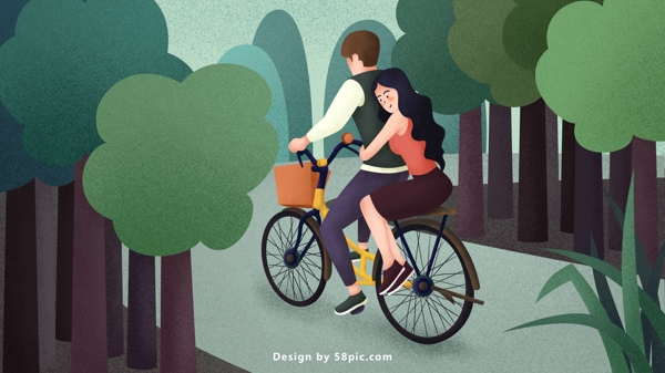 温馨情侣野外骑自行车兜风原创插画海报