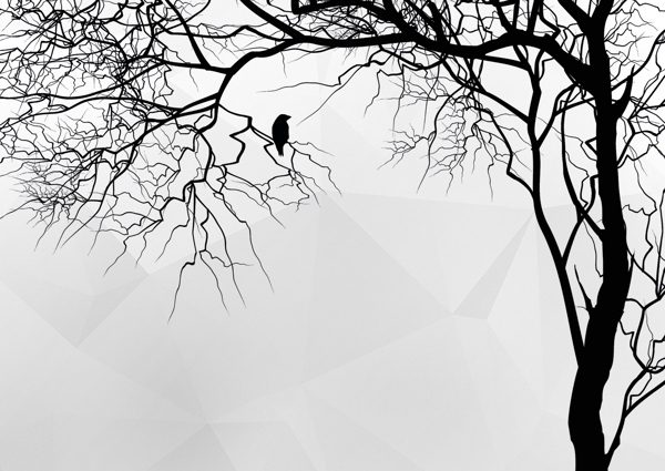 现代简约黑白线条发财树小鸟简洁背景墙
