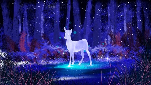 梦幻唯美创意手绘治愈系森林与鹿插画
