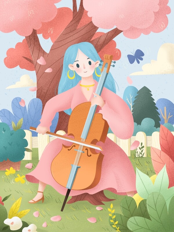 四月你好春天文艺小清新大提琴樱花绿色插画