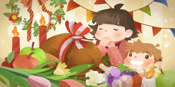感恩节之男孩女孩祈祷团圆吃火鸡