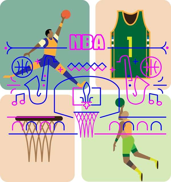 NBA蓝紫色系线性图矢量插画设计