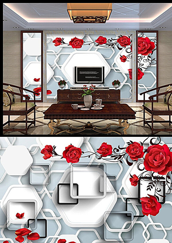 3D梦幻玫瑰花背景墙图片