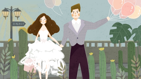 复古肌理婚纱婚礼男孩女孩气球植物插画