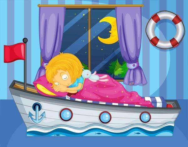 卡通女孩睡觉船