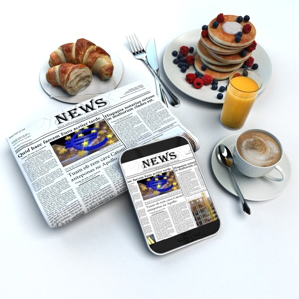 报纸智能手机与美食图片