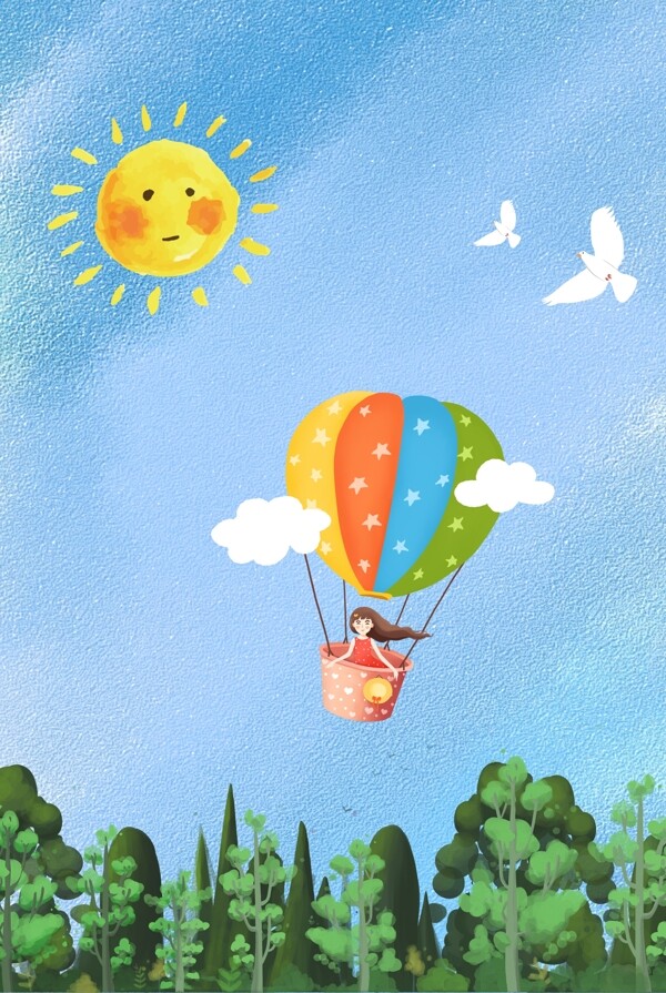 绿色阳光蓝天白云热气球春天背景图