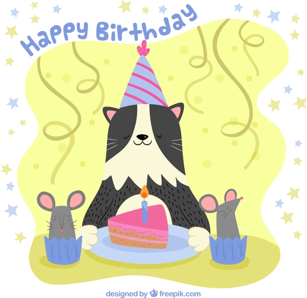 彩绘生日猫咪和蛋糕矢量素材