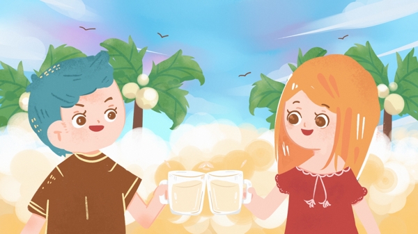 夏日啤酒节夏天酒精德国沙滩海滩可爱插画