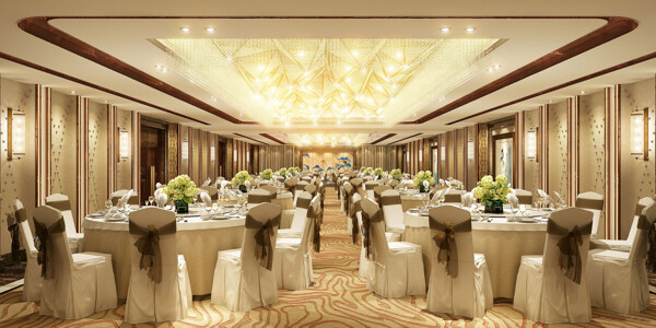 现代经典酒店餐厅金色地毯工装装修效果图