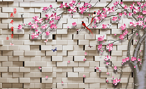 3D砖墙花卉树不分层图片