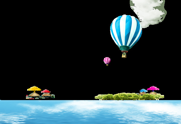 卡通小岛海洋热气球png元素