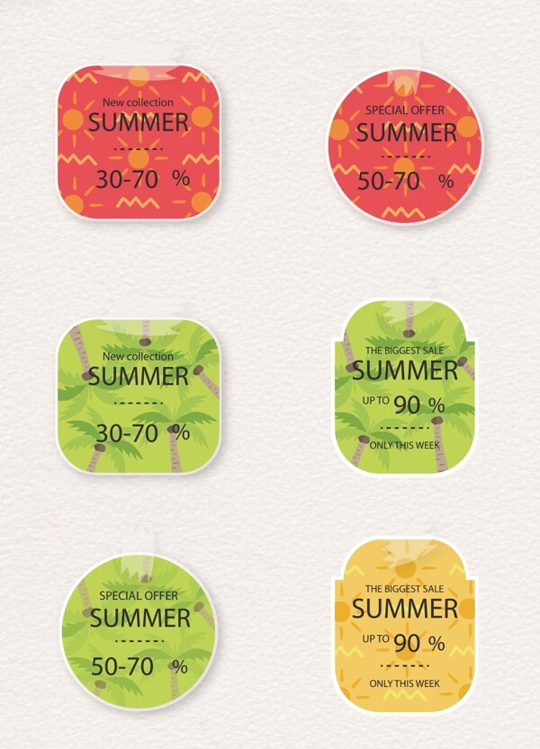 6款彩色夏季折扣贴纸矢量素材