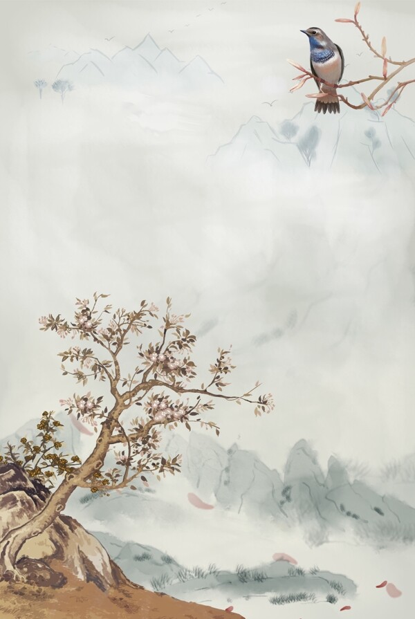 复古中国风水墨山水工笔画背景