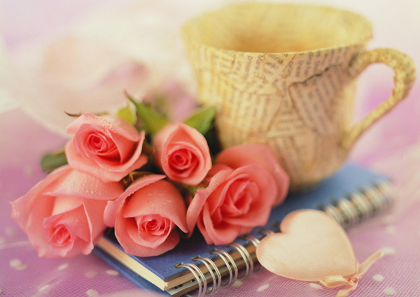 粉色玫瑰花与杯子图片