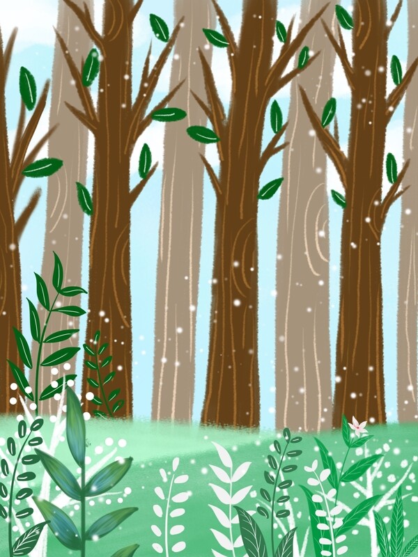 雨季简约彩绘春季树林背景设计