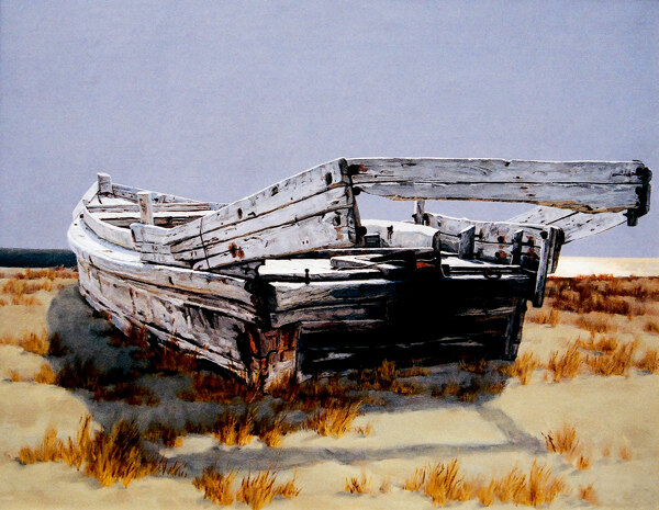 破旧的木船油画图片