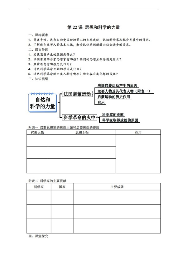 九年级上册历史第22课思想和科学的力量