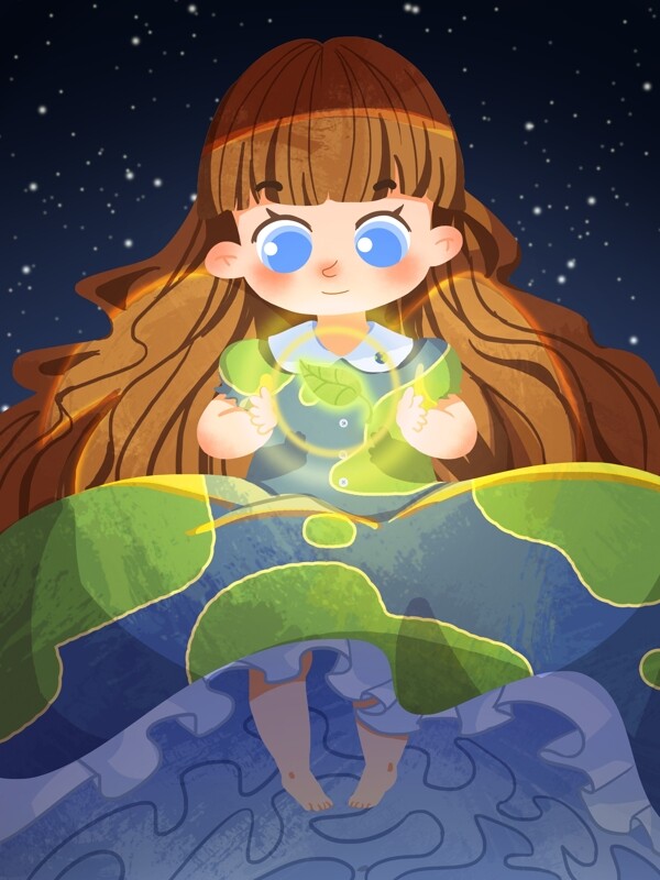 原创插画地球日保护环境保护绿色地球小女孩