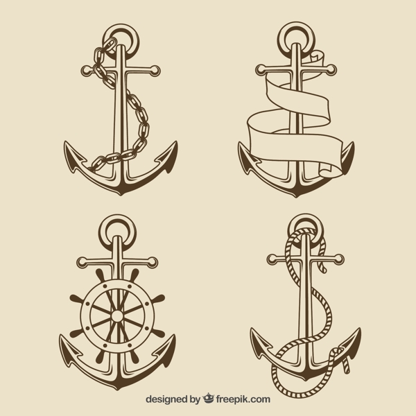 4款复古手绘船锚矢量素材
