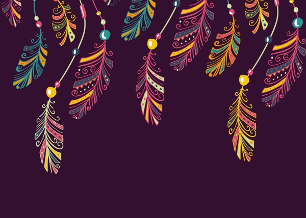 深紫色捕梦网羽毛装饰矢量背景素材