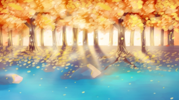 秋天风景暖色树林阳光早晨下午治愈温暖河流