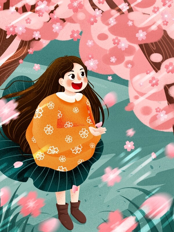 唯美日本樱花季樱花树下女孩插画