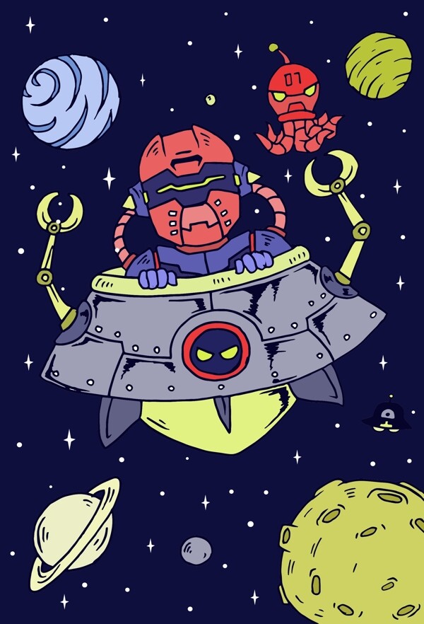 宇宙探险机器人夹子飞碟火箭星球月亮章鱼