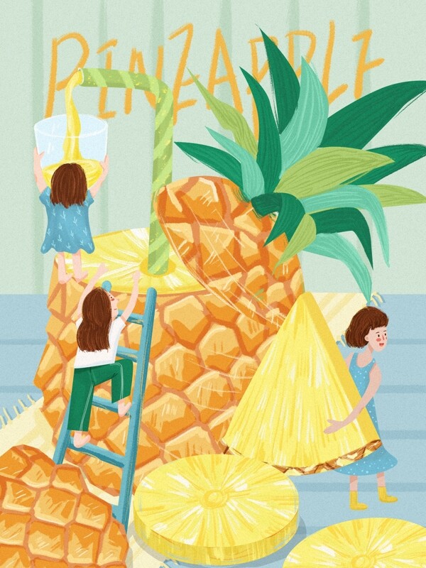 创意水果邂逅菠萝菠萝女孩清新插画