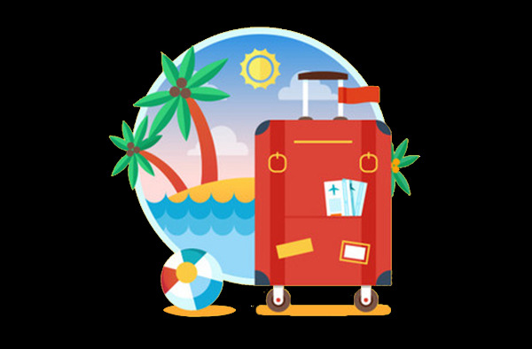 卡通红色行李箱椰子树沙滩png元素