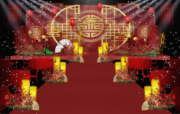 红金色中国风中式婚礼舞台效果图
