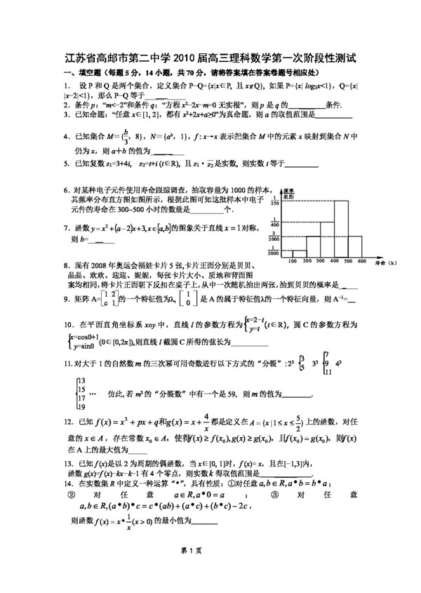 数学苏教版江苏省高邮市第二中学高三理科数学第一次阶段性测试