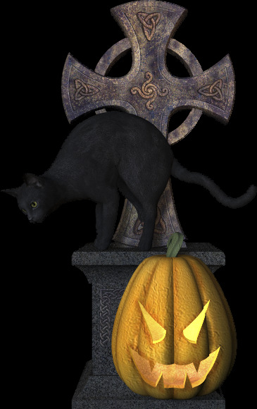 墓碑上的黑猫南瓜灯元素