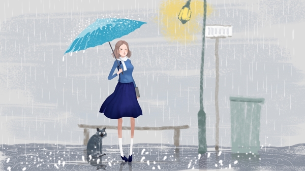 原创民国女学生插画素材打伞女孩雨水壁纸