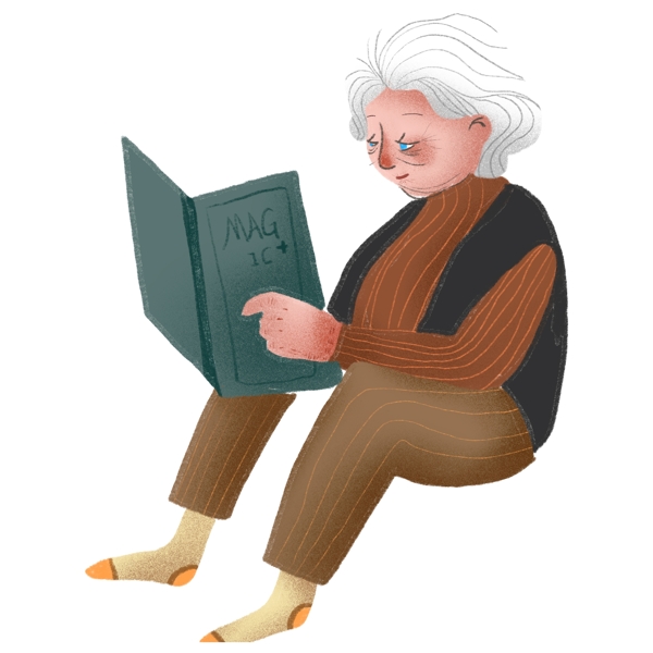 看书的老奶奶装饰元素