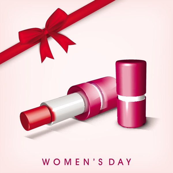 三八妇女节贺卡或海报上粉红色的唇膏和红丝带的设计背景