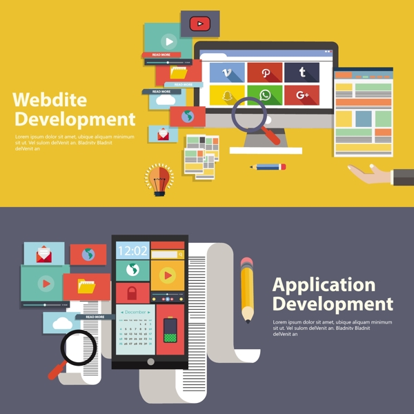 网站应用程序开发的概念插图在彩色平面自由
